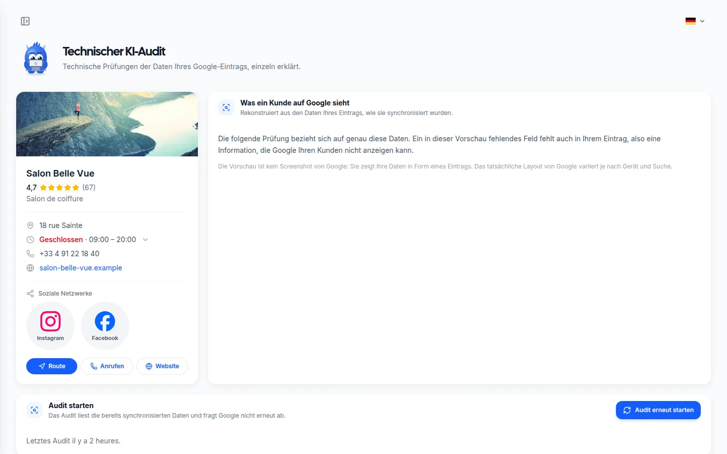 Seite des Eintragsaudits: der Eintrag so, wie ein Kunde ihn bei Google sieht, mit Kontaktdaten, sozialen Netzwerken und der Schaltfläche für ein neues Audit.