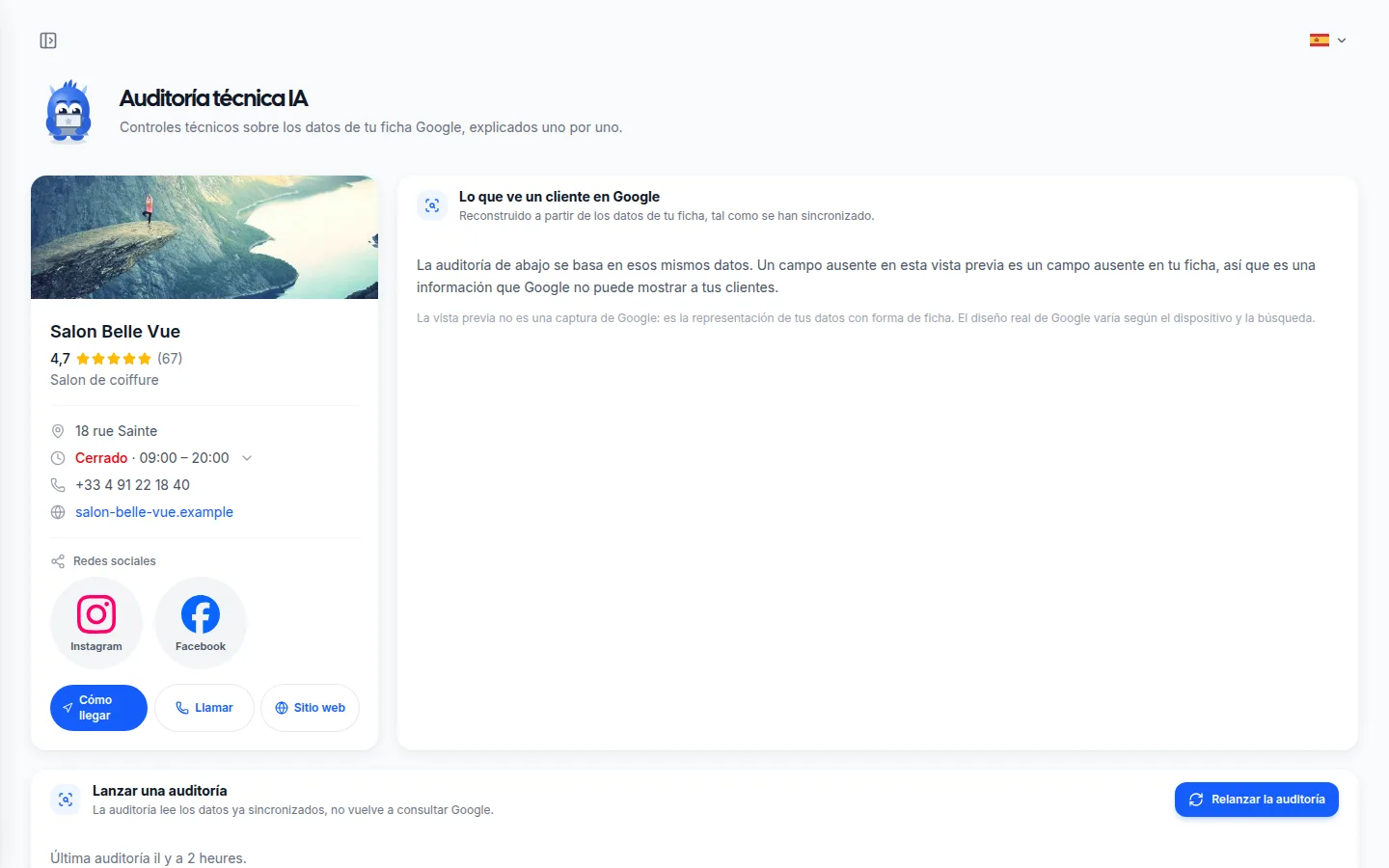 Página de auditoría de la ficha: la ficha tal como la ve un cliente en Google, con sus datos de contacto, sus redes sociales y el botón para repetir la auditoría.