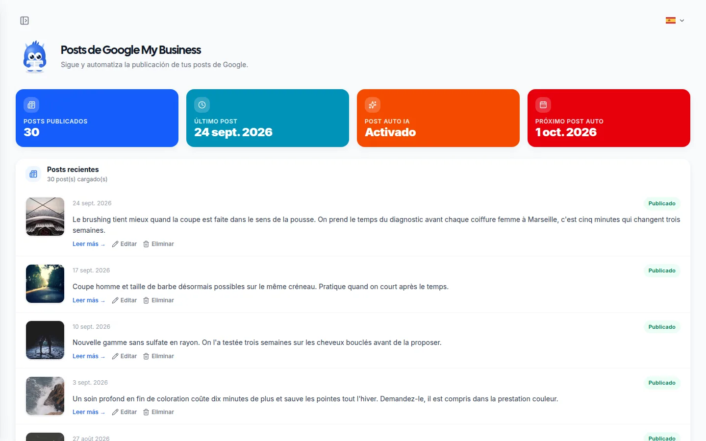 Página de publicaciones de Google Business: publicaciones activas, fecha de la próxima automática y la lista con su imagen.