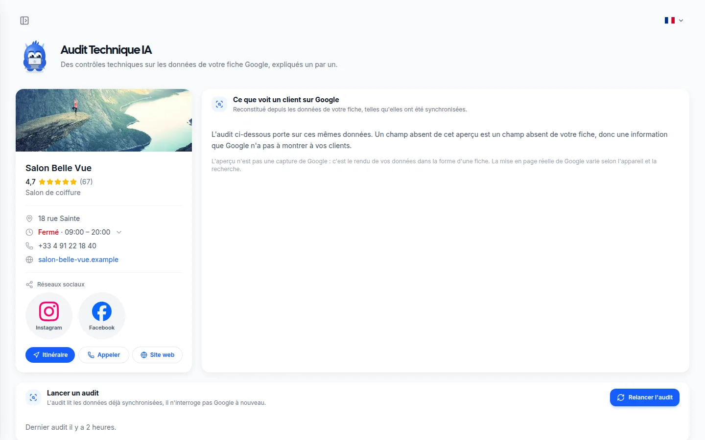 Page d'audit de fiche : la fiche telle qu'un client la voit sur Google, avec ses coordonnées, ses réseaux sociaux et le bouton pour relancer l'audit.