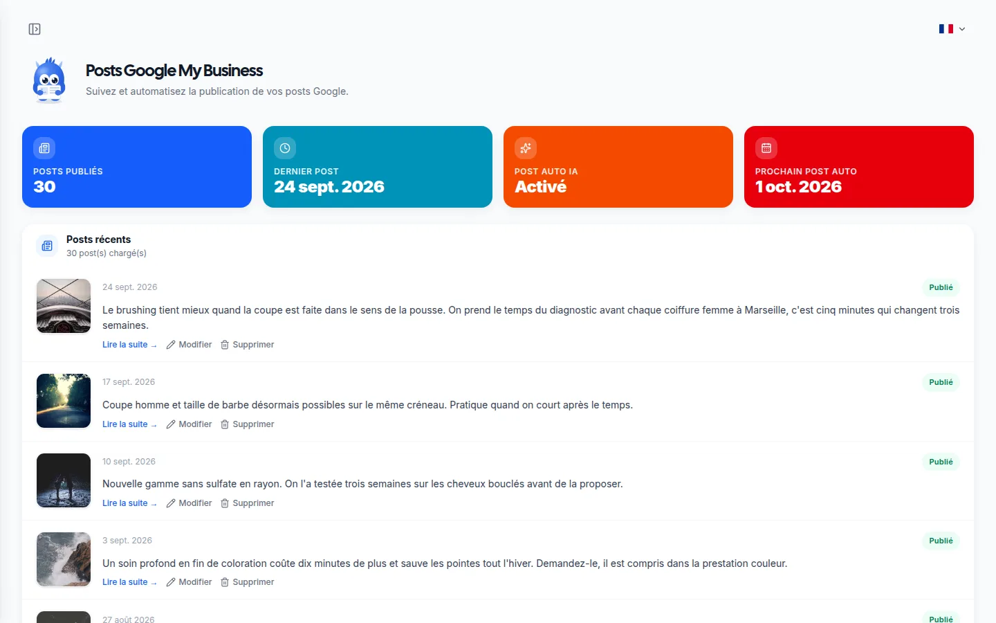 Page des posts Google Business : posts publiés, date du prochain post automatique et la liste des publications avec leur visuel.